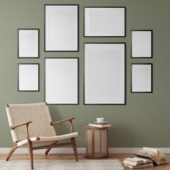 Friendly interior style. living room. Frame mockup. Poster mockup. 3d rendering, 3d illustration
