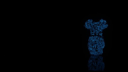 3d rendering mechanical parts in shape of symbol of dress isolated on black background with floor reflection