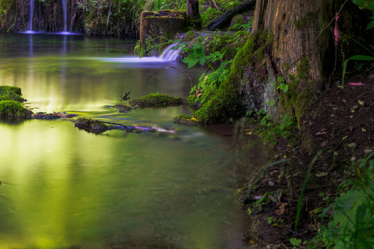 Waterfall at sinter terraces with mystical light