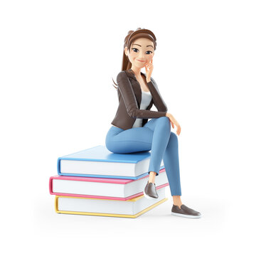 3d cartoon woman sitting on books