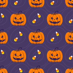 Halloween seamless pattern. Cute pumpkins and sweets. Vector illustration