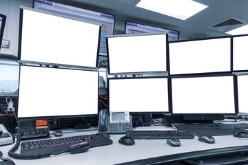 group of blank monitors and screen on security desk or control room for monitor process or stock data trading