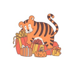 Tiger with wealth gift boxes cartoon outline red cute character. Vector isolated illustration.