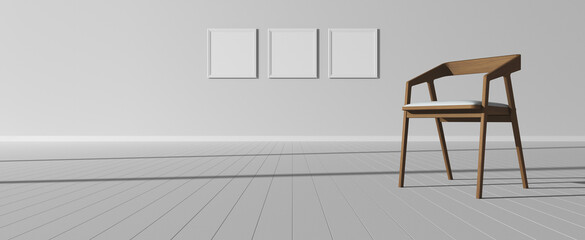 Wood chair in the white empty minimalistic interior. Three blank mockup canvases on the wall. Template for design. Presentation concept. 3D render. Shadow. Parquet. Furniture Art Deco. Perspective. 