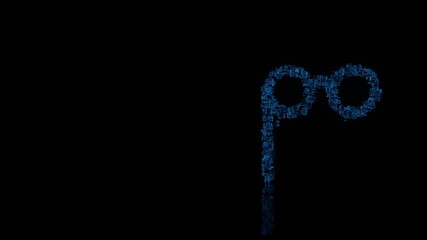 3d rendering mechanical parts in shape of symbol of theatre glasses isolated on black background with floor reflection