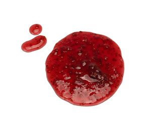 Round spot of raspberry jam isolated on white background from top view