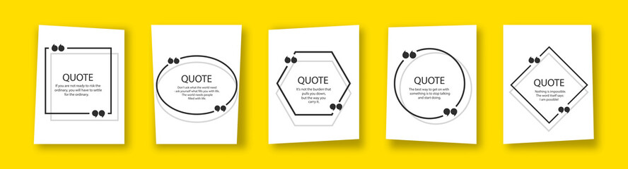 Quote in frame with quotation marks on yellow background. Bubble quote boxes with brackets. Banners for quotation. Isolated text box for comment and message. Vector illustration.
