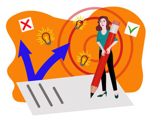 Fototapeta premium Young woman comes up with and writes ideas with a large pencil on a huge sheet of paper. The concept of finding business ideas, development directions, decision making. Color vector illustration.