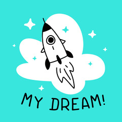 Vector Kid Space Illustration with Space Ship and Word on Blue Background, Line Art Style