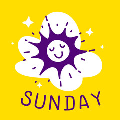 Vector Kid Space Illustration with Smile Sun and Word on Yellow Background, Line Art Style