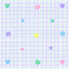 Cute Element Heart Flower Rainbow Pastel Gingham Pattern Editable Stroke. Cartoon Illustration Cloth, Mat, Fabric pattern, Textile, Scarf, Wrapping Paper.