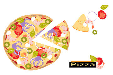 Sliced pizza with seafood. Shrimp, octopus, tomato, cheese, basil and olive. Flat style. Italian food.
