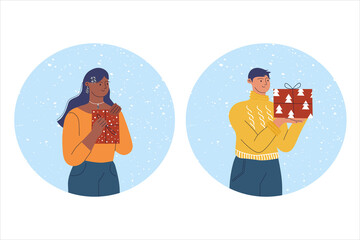 A man with a New Year's gift and a woman with a New Year's gift. Vector illustration.