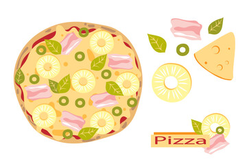 Hawaiian pizza with pineapple, ham, cheese, basil and olive. Italian food. Cartoon style.