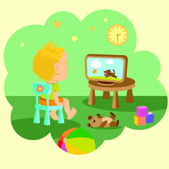 Child watches cartoon, vector illustration