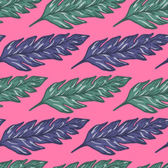 Fototapeta na wymiar Creative tropical foliage seamless pattern on pink background. Abstract leaves ornament. Leaf backdrop.