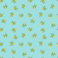 Decorative summer travel seamless pattern with green random palm tree print. Blue background.