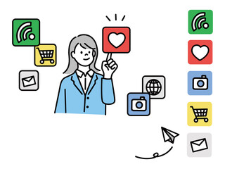 コミュニケーション、インターネット、SNSの繋がりを表すイラスト(ネットショッピング、テクノロジー、いいね) Illustrations showing communication, Internet, and SNS connections. net shopping, technology, likes.