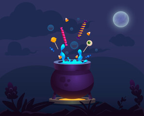 Cartoon Witcher pot with magical liquid and candies. Halloween items on night background