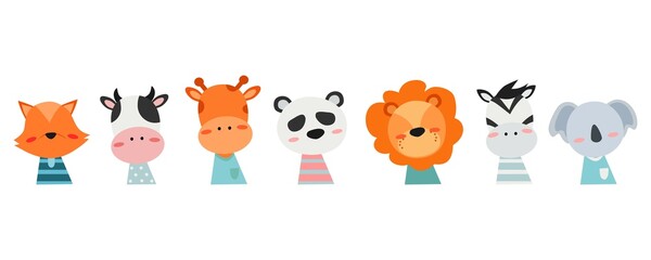 Cute animals banner. Vector illustrations for nursery design, poster, greeting cards. panda, koala, fox, giraffe, lion, cow, rabbit. - Vector