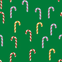 Seamless pattern with striped Christmas candy on the green background. Cartoon style. 