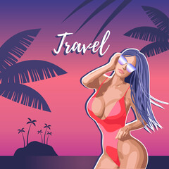 The concept of a postcard on a summer theme with summer attributes. Beach vacation, palm trees, tropics, girl, silhouette. A girl in a bikini on the beach. Vector illustration.