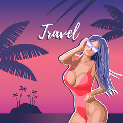 The concept of a postcard on a summer theme with summer attributes. Beach vacation, palm trees, tropics, girl, silhouette. A girl in a bikini on the beach. Vector illustration.