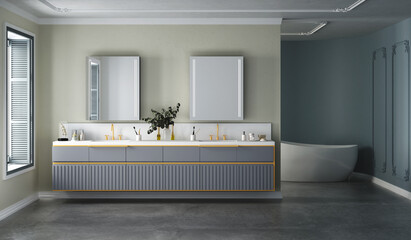 Modern luxury bathroom interior with cabinet , bath tub, accessories, square mirror, sunlight and copy space. 3d rendering