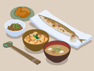 サンマの姿焼きの一汁三菜御膳のベクターイラスト素材
