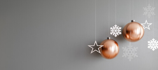 Fototapeta Christmas decoration and snowflakes on empty gray mock up wall background 3D Rendering, 3D Illustration obraz