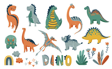 Dino cute vector illustration set with animal baby dinosaurs and design elements in flat cartoon scandinavian trendy style isolated on white background. Kid character monsters for cool nursery prints