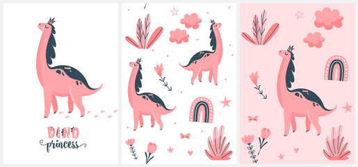 Cute pink dino vector illustration set. Little dinosaur, her footprint with sweet princess text isolated on white background. Seamless patterns with animal, floral elements, flower, rainbow, cloud
