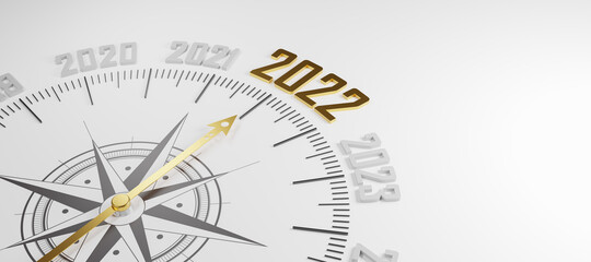 New year 2022 or start straight,strategy concept.Gold word 2022 written on white floor and compass navigation for businessmen to resume business growth in the economic.3d render and illustration © Yingyaipumi