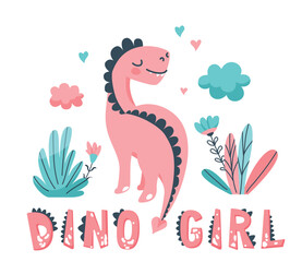 Cute dinosaur card vector illustration with animal baby and clouds, flowers, leaves, hearts, dino girl hand drawn text in flat cartoon scandinavian trendy style isolated on white background