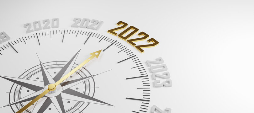 New year 2022 or start straight,strategy concept.Gold word 2022 written on white floor and compass navigation for businessmen to resume business growth in the economic.3d render and illustration