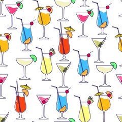 Seamless pattern with alcoholic cocktail collection on white background. Vector illustration