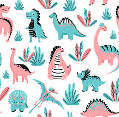 Cute dinosaurs seamless vector pattern with baby dino and floral elements. Cool kid nursery print design in scandinavian style isolated on white background © zaie