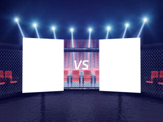 MMA cage with blank fight cards. MMA main event fighter presentation