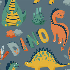 Cute dinosaurs seamless vector pattern with bright color dino, leaves, cloud, text sign on dark grey background. Cool kid nursery print design in scandinavian style