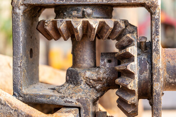 Close-up detail of some rusty gears in an old oil press. 