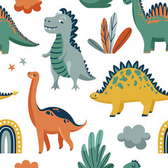Cute dinosaurs seamless vector pattern with bright color dino, leaves, cloud, rainbow, star on white background. Cool kid nursery print design in scandinavian style