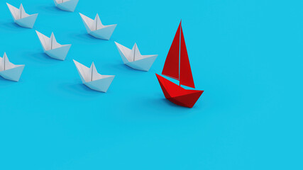 White paperboats follow a one red paperboat on cyan background. Enterprise and leadership to lead the group