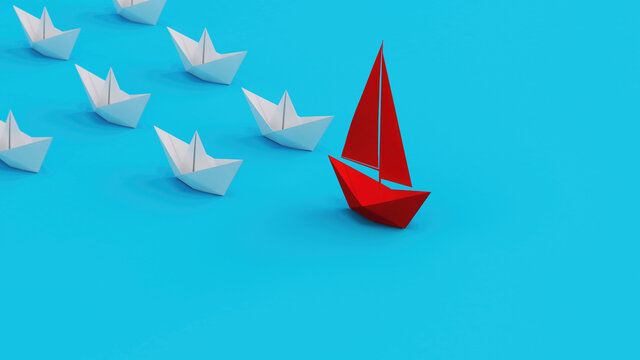 White paperboats follow a one red paperboat on cyan background. Enterprise and leadership to lead the group