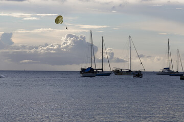 The catamaran and sailboats anchored in waters of caribbean beach.