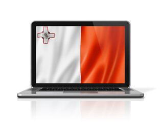 Malta flag on laptop screen isolated on white. 3D illustration