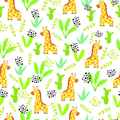 cute giraffe and leaf vector pattern design