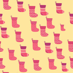 Christmas seamless pattern with red Christmas socks with snowflakes, specks