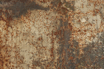 rusty metal surface with  beige, black, gray, yellow and orange tones - worn irregular steampunk background with scratches	and peeling paint looking like a creepy map