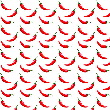 Red hot chilli peppers on white background,seamless vector pattern.Hot spicy red chili pepper pattern. Organic spices for mexican or asian dishes. Chilli paper red spicy hot taste and flavor symbol.