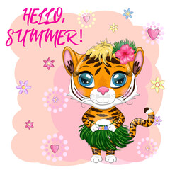 Cartoon tiger hula dancer. Hawaii, Vacation, Sea, Vacation. Summer is coming. Children's style, sweetheart. Symbol of 2022